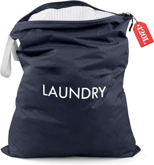 Wiseboy 120L Extra Large Travel Laundry Bag with Heavy-Duty Zipper, Navy | Water-Resistant Nylon Dirty Clothes Organizer for College Dorm, Camping, Tear-Resistant Storage Bag for Laundry Mat & Moving