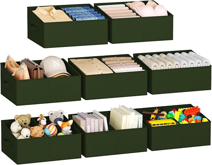 DIMJ Large Closet Shelf Organizer Bins 8 Packs with Handles and Divider, Fabric Trapezoid Storage Baskets, Foldable Clothes Containers Box for Shelf, Towel, Book, Toy, Purse, Hats, Green