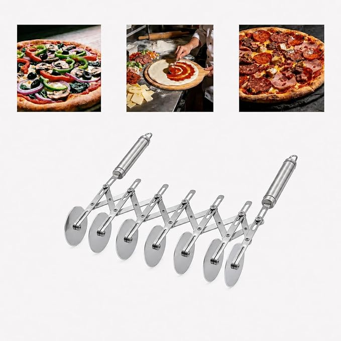 Wheel Adjustable Pasta Cutter with Handle - Stainless Steel Multi-Tool for Baking Pastry, Pizza, Noodles & Pie Crust (7 Roller)