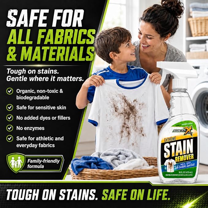 Sweat X Extreme Stain Remover Spray for Clothes, 16 fl oz, 2 Pack | Professional Spot Treater for Performance Fabrics and Activewear, Safe for All Fabric Types, Powerful Non Toxic Formula