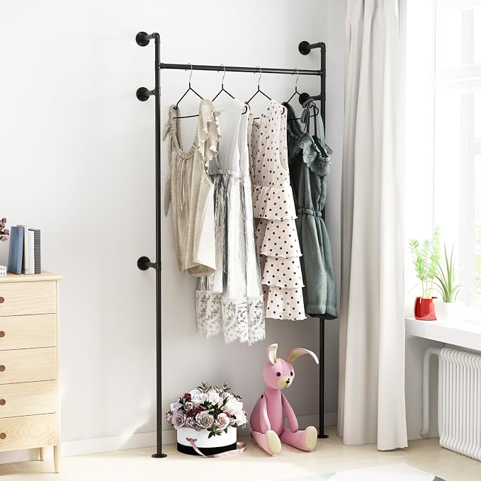 Industrial Pipe Clothing Rack, Heavy Duty Clothes Rack for Hanging Clothes, Wall Mounted Display Garment Rack for Home Retail Boutique (Single, Black)