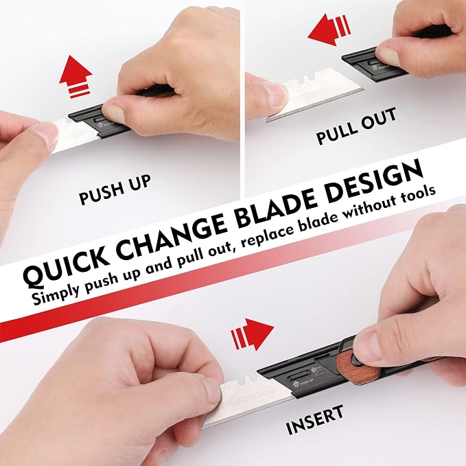 WORKPRO 2-in-1 Folding Knife/Utility Knife, Wood Handle | Quick-Change Box Cutter, Liner Lock, Belt Clip, 10 SK5 Blades, Carton Cutting, Camping, Hiking, DIY Projects