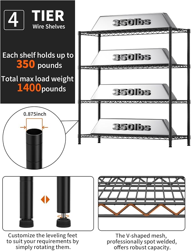 Golpart 4Tier Adjustable Storage Shelves Metal Wire Shelving Standing Shelf | Utility Heavy Duty Unit Rack Closet Organize for Home Kitchen Laundry Room Organization Pantry 18"Dx46"Wx59"H Black