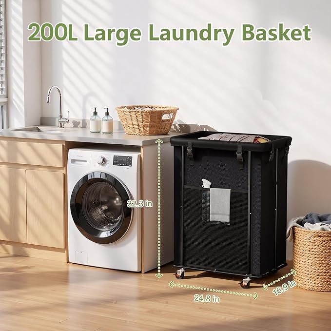 Laundry Hamper with Wheels, 200L Rolling Laundry Basket with Bag & Handles | Sturdy Metal Frame | Removable Bag | Large & Tall Dirty Clothes Hampers for Laundry Room, Bedroom, Dorm, Bathroom-Black