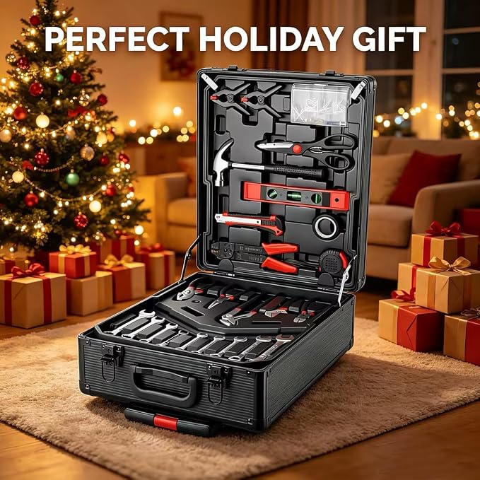 Arcwares 799pcs Aluminum Trolley Case Tool Set Silver, House Repair Kit Set, Household Hand Tool Set, with Tool Belt,Gift on Father's Day (Black)