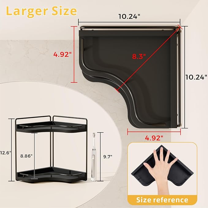 2-Tier Corner Bathroom Counter Organizer, Larger Size | Embedded Screw Holes, Sturdy & Stable, Oversized, Holds More, Vanity Shelf for Makeup & Skincare, Black