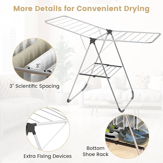 Tangkula 2-Level Collapsible Clothes Drying Rack w/Height-Adjustable Wings | Light-Weight Aluminum | Bottom Shoe Rack | No Assembly | Foldable & Space-Saving| for Laundry Room, Balcony, Patio | Silver