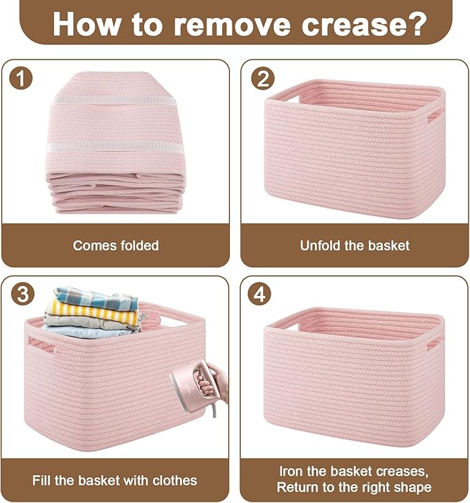 OIASKET Storage Baskets for Organizing, Woven Decorative Baskets for Shelves - Books, Towels, and Clothes, Cotton Rope Toy Storage Bins, 12.7''Lx9''Wx7.8''H, Pack of 4, Pink