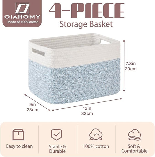 OIAHOMY 4 Pack Storage Baskets for Organizing, Basket for Shelves with Handle, Woven Baskets for Storage Toys, Towels, Books, Cotton Rope Basket 13" L x 9 " W x 7.8 " H, Light Blue & White