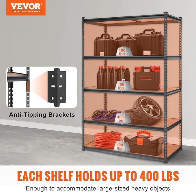 VEVOR Storage Shelves 5-Tier Adjustable 2000 lbs 48"x24"x72" Shelving Unit | Heavy Duty Garage Storage Metal Utility Rack Shelf for Kitchen, Pantry, Basement, Bathroom, Laundry, Living Room, Warehouse