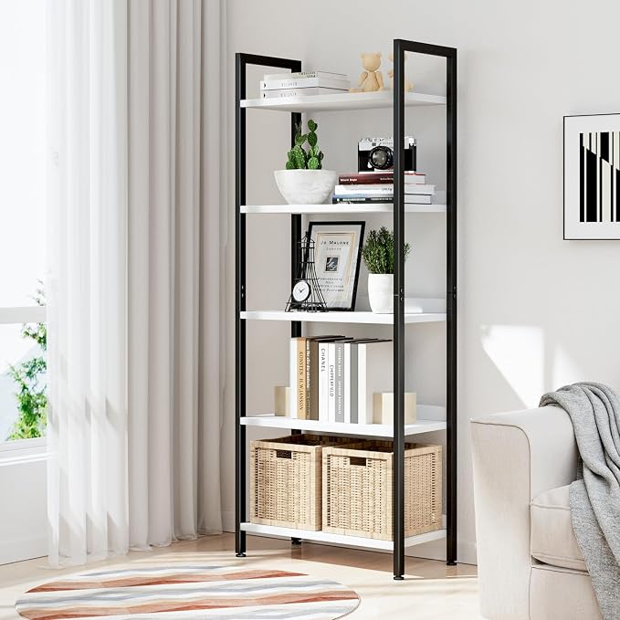 NUMENN Bookshelf, 5 Tier Freestanding Shelving Unit, White&Black | Metal Frame & Wood Shelves, Falling Prevention Baffle, Open Storage Bookcase for Bedroom, Living Room & Home Office