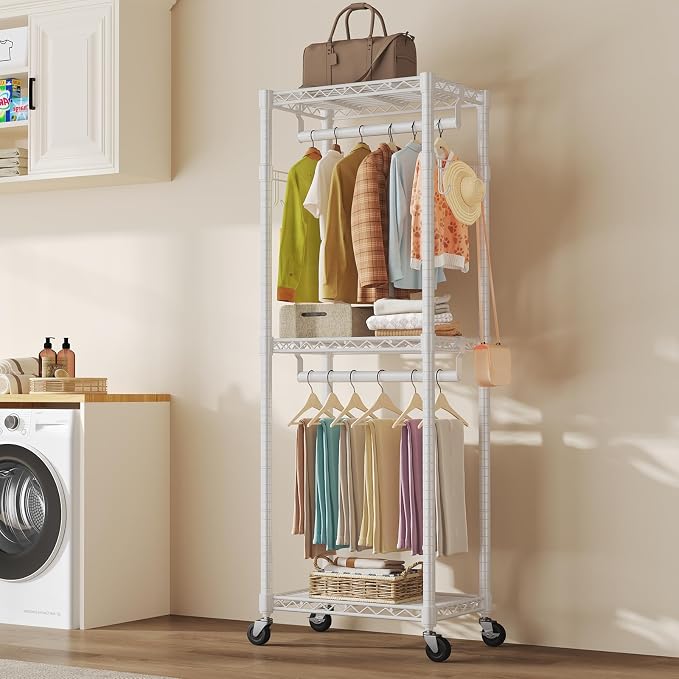 NEWBULIG Heavy Duty Clothing Rack with Wheels, 3-Tier Adjustable Wire Garment Rack, Metal Freestanding Closet Organizer System with Double Hanging Rods & 8 Side Hooks, 23" x 15" x 75", White