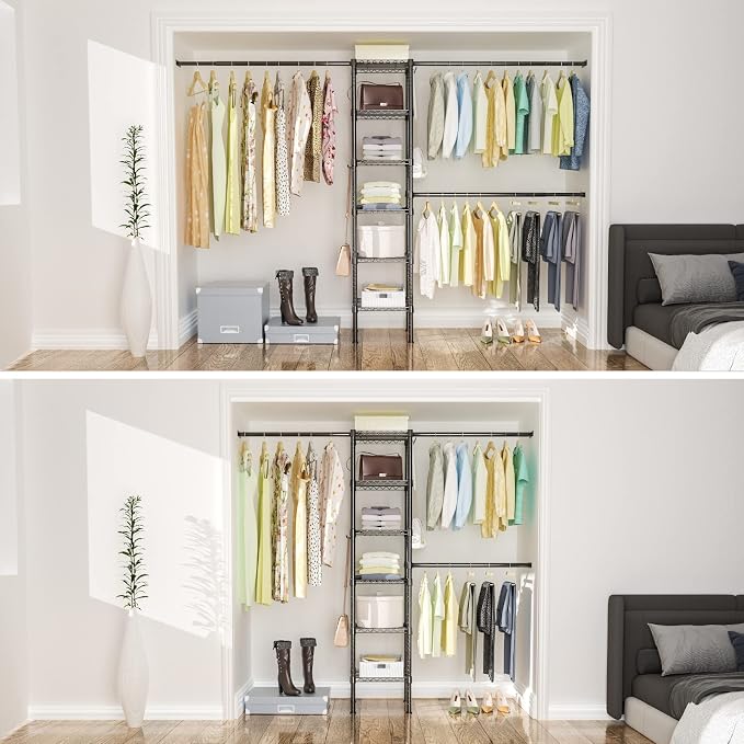 Ulif M1 Closet Storage Organizer System, 6 Tiers Heavy Duty Metal Clothing Garment Rack with 3 Expandable Hanger Rods, Wall Mounted Space Saver Suits from 3.3-8.7 ft. Width, 71.2”H x 14”D, Black