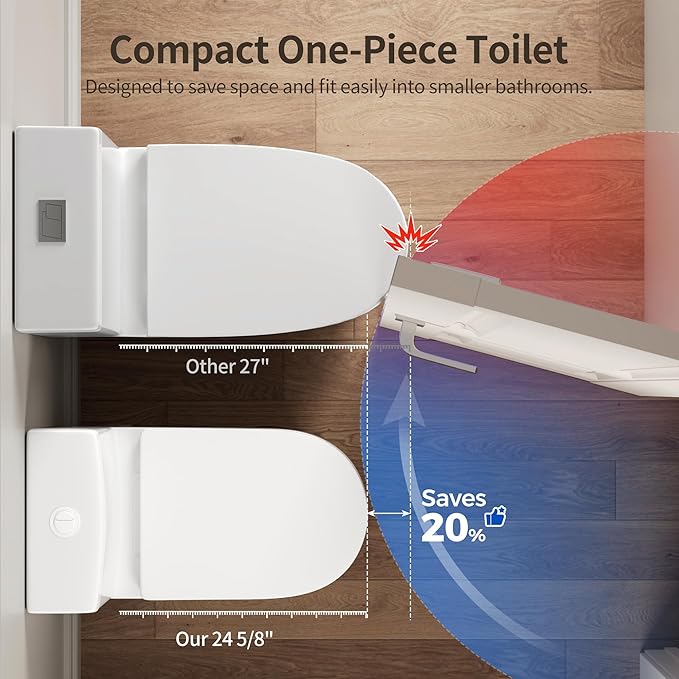 DeerValley Small One Piece Toilet with Soft Closing and Seat White Flush Button 12 Inch Rough-In Compact Toilets for Tight Spaces
