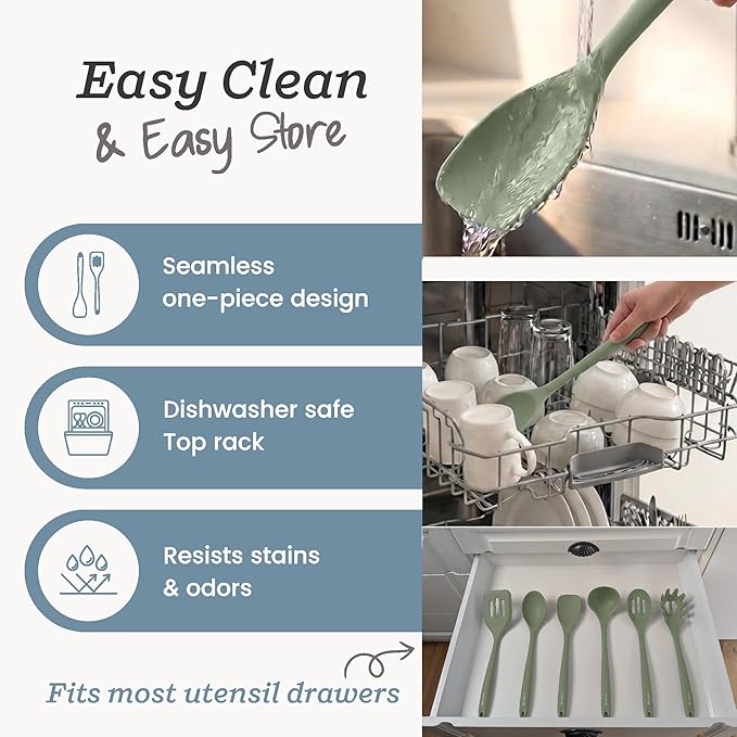 Starpack Like a Boss XL Silicone Cooking Utensils Set (6-Piece, 13.5") - LFGB Certified, 600°F Heat Resistant, BPA-Free - Heavy-Duty Steel Core, Dishwasher Safe - for Nonstick Cookware, Sage Green