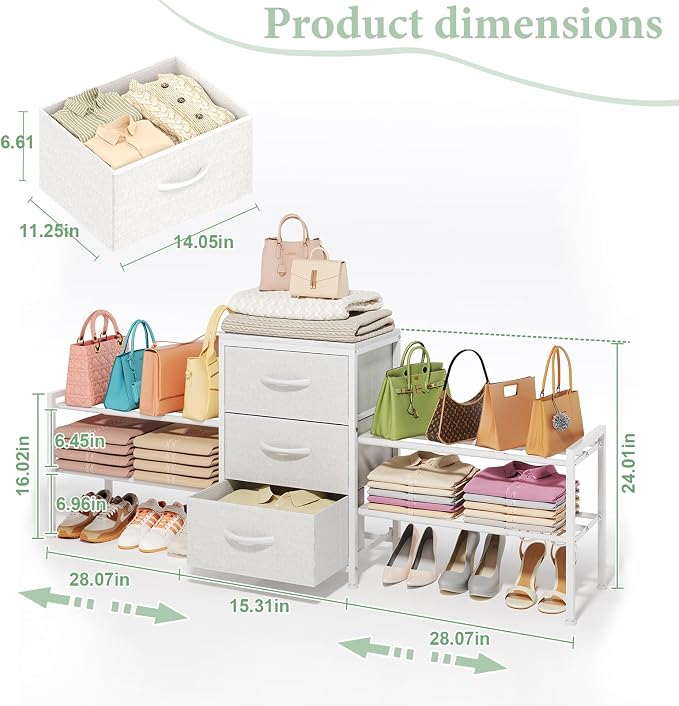 Expandable Closet Organizers and Storage,Wide Long 3 Drawer Dresser | White Fabric Storage Dresser, Clothes Shelves for Kids, Purse Organizer Small Shoe Rack for Closet Bedroom(47.24~71.47in)