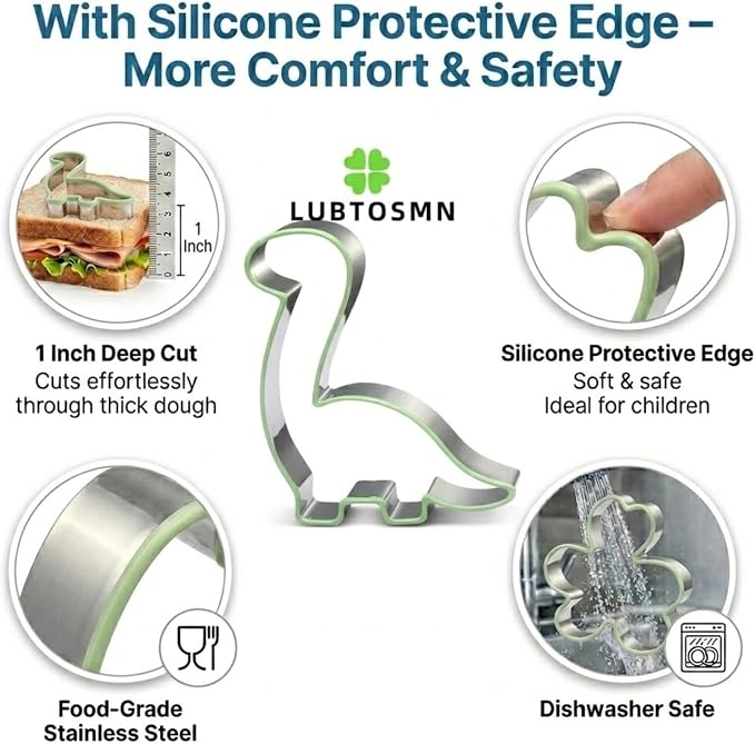 LUBTOSMN New 7 Piece Dinosaur Cookie Cutters Set with Silicone Protective Rim, Dishwasher Safe Stainless Steel Cookie Cutters for Cookies, Fondant, Sandwiches, Biscuits, Pancakes and Pastries
