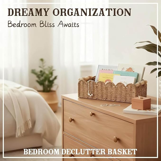 CubesLand Bathroom Basket Organizer, Toilet Tank Paper Storage Baskets 2PK | Scalloped Decorative Basket for Countertop w/Handle, Wicker Basket for Bathroom Decor, Home Decor, Living Room, Neutral