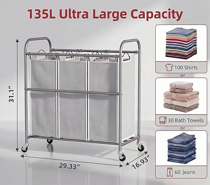 ROMOON Laundry Sorter Hamper 3 Section, Divided Laundry Basket Organizer | Rolling Clothes Hamper with Heavy Duty Lockable Wheels and Removable Bags for Apartment, Dorm & Family, 135L, Neutral Gray