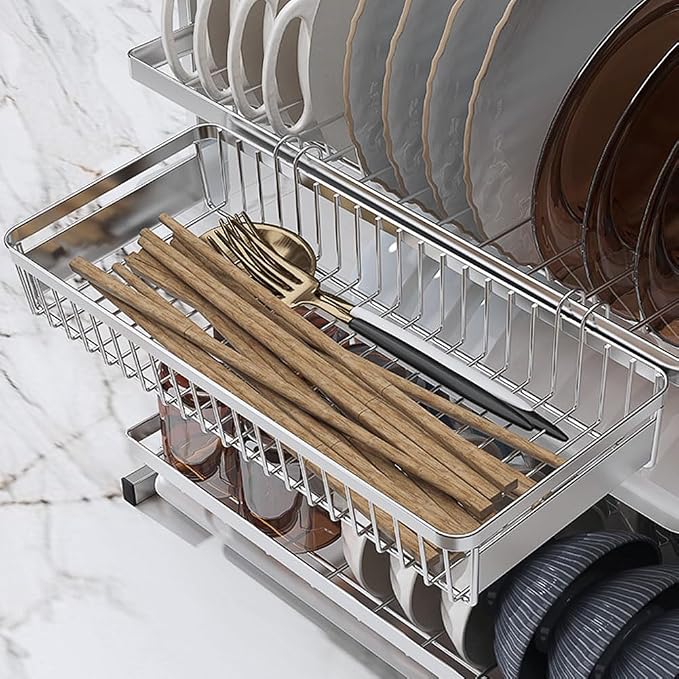Sturdy 304 Stainless Steel Utensil Drying Rack Basket, Utensil Drying Rack, Basket Holder with Hooks, Rust Proof, No Drilling