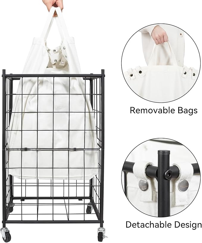 WOWLIVE Rolling Laundry Basket, Metal Wire Frame Laundry Hamper with Wheels | Hamper with Removable Bag, 100L Dirty Clothes Hamper Organizer Dorm Room Storage for Bedroom, Bathroom, Black and White