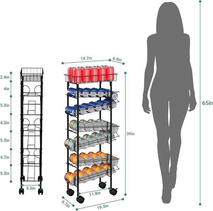 MOOACE Slim Soda Can Storage Cart with Wheels, Canned Food Organizer, Black | Rolling Cans Dispenser Rack, Top Basket, For Kitchen Pantry, Narrow Space