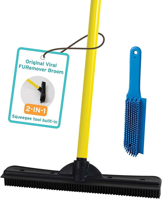 FURemover Pet Hair Removal Rubber Broom, 58" Telescopic Handle with Lint Brush