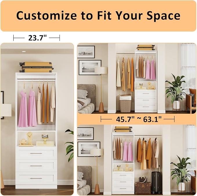 Closet System with 3 Drawers, 2FT-5FT Customizable Closet Organizer System with Hanging Rods& Shelves, Fits Small Walk-in Closet, Modular Closet Tower, Wooden Freestanding Closet Storage System, White