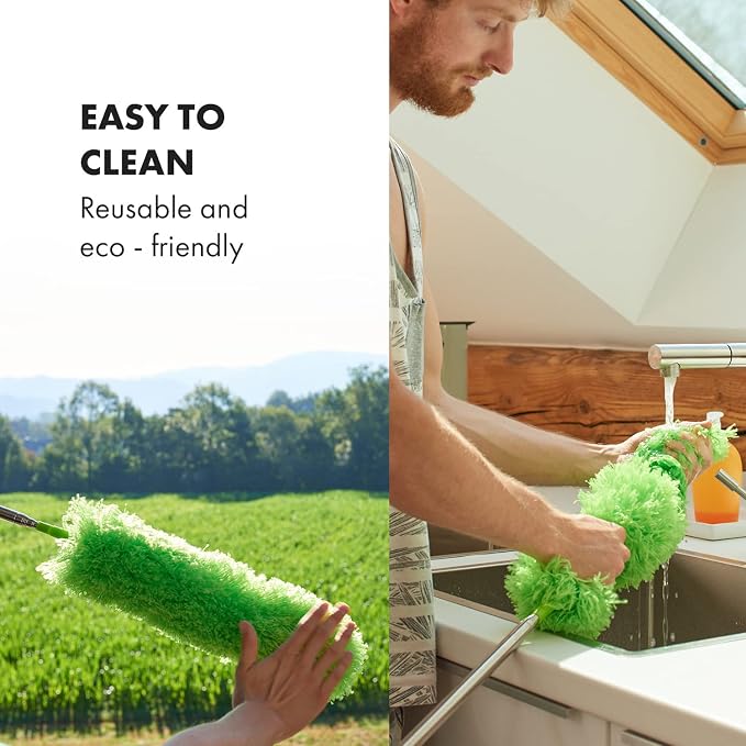 GÜTEWERK Extendable Microfiber Feather Duster, Feather Dusters for Cleaning, Ceiling Fan Dust and Cobweb Cleaner - Electrostatic Bendable Head - Set of 2 Replacement Heads