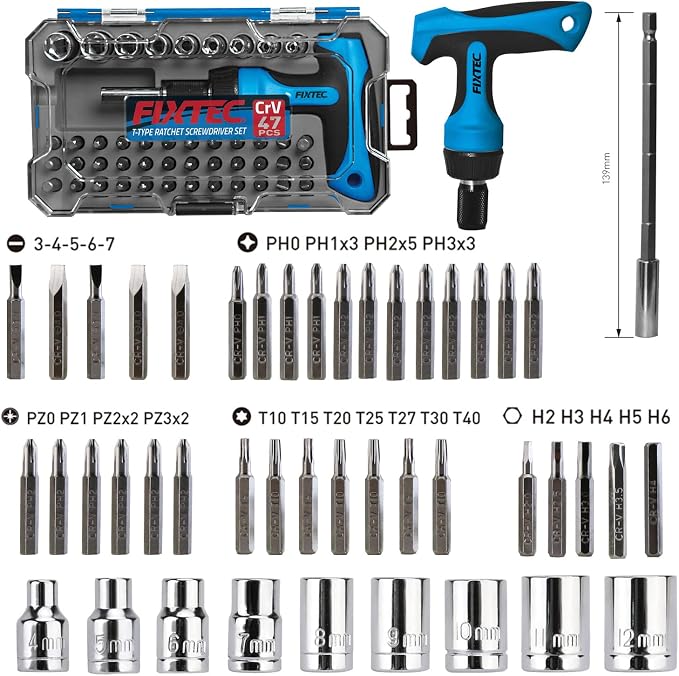 47-Piece Ratcheting Screwdriver Sets and Ratchet Wrench, Magnetic T-Handle Home Repair Kit with Plastic Toolbox Storage Case