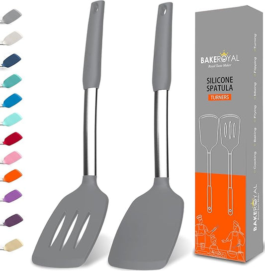 BakeRoyal Silicone Spatula Set - Turner Spatulas Silicone Heat Resistant 600°F - Slotted & Solid Spatula for Cooking Fish, Eggs, Pancakes Flipper – Spatulas for kitchen use – Gray