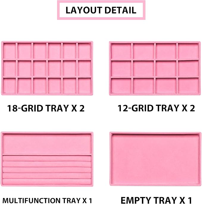 Frebeauty Jewelry Trays for Drawer,Set of 6 Jewelry Organizer and Storage | Velvet Material,Earring Holder Organizer,Stackable Jewelry Display for Vanity,Drawer Inserts for Rings,Studs,8.3×4.9 inch