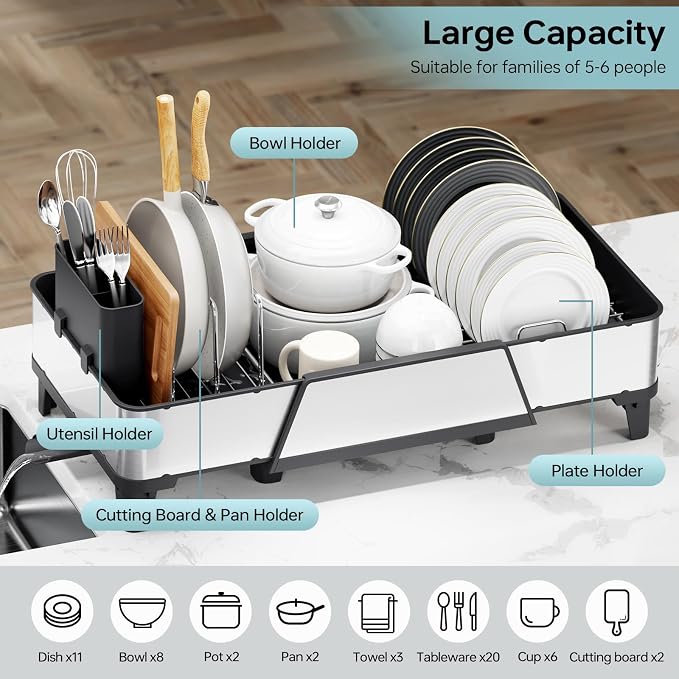 Urackify Large Dish Drying Rack - Triple Expandable Dish Rack for Kitchen Counter, Stainless Steel Sink Organization and Storage Essentials with Utensil & Pans Holder for Home and Appartment, Black