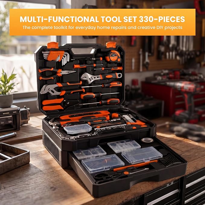 NEWBULIG 330-Piece Complete Tool Box Set, Durable Homeowners Tool Kit with Pull-Out Drawer, Versatile Home Repair Kit for Auto & Household, DIY Projects, Black-Yellow
