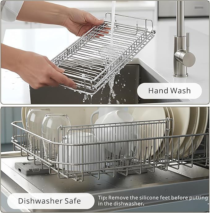 Collapsible Dish Drying Rack, Stainless Steel Dish Rack for Small Kitchens | JM.JEEMI Foldable Dishes Drainer with Pink Drying Mat, 15.8"x12.7" Space Saving Countertop Organizer for Dorm & Apartment