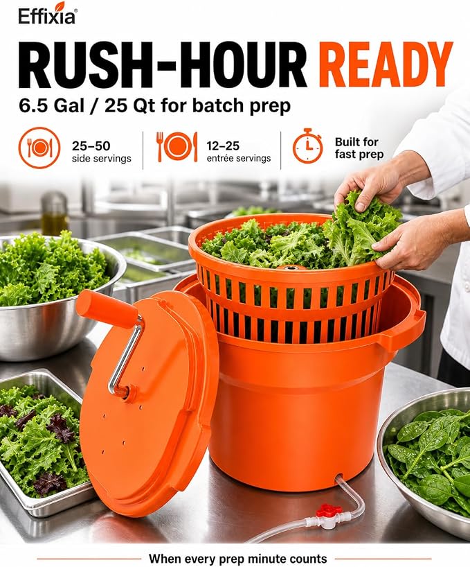 Commercial Salad Spinner - 6.5 Gallon Large Capacity Lettuce Dryer with 10 Ft Drain Hose & Stop Valve, 25Qt Manual Vegetable Spinner for Restaurants, Catering and Meal Prep
