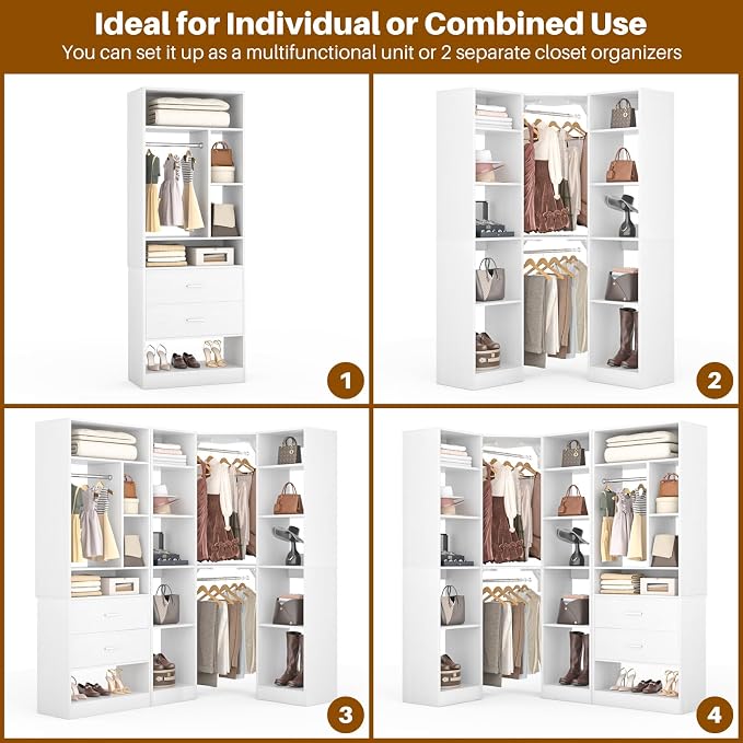 Besiost Corner Closet System with 2 Sets, 63.2" Corner Closet Organizer System with 2 Drawers + 18 Shelves + 3 Hanging Rods, Reversible L Shaped Walk-in Closets, White (63.2" L x 39.2" W x 80" H)