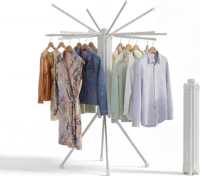 RFOUO Foldable Clothes Drying Rack with Aluminum 4Legs 16Rods Single Layer | Portable，Space-Saving Freestanding Drying Rack for Indoor Outdoor, Apartment, Bedroom, Laundry Room