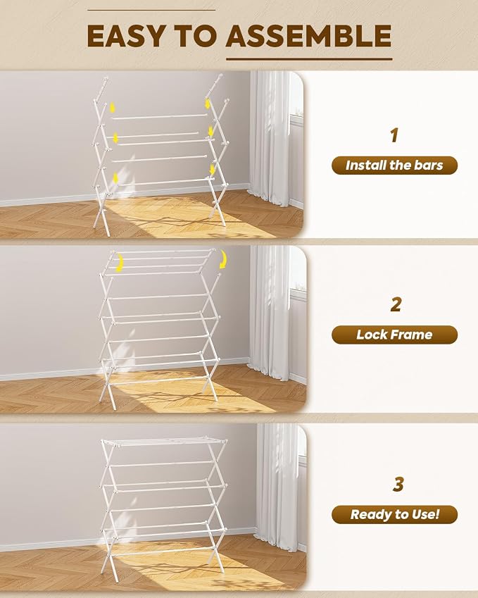 KINGBOARD 3-Tier Extendable Clothes Drying Rack, Small & Foldable, White | 37.4"H x 33.8"W x 11.2"D, Space-Saving Collapsible, Easy Assembly, Rust-Resistant Iron Frame, Indoor Outdoor Use, 25lb