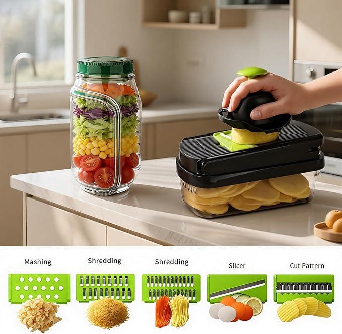 16-in-1 Vegetable Chopper with Container & Side-Opening Salad Jar – Perfect for Vegetable Salads at Lunch and Dinner.Chopper Set Functions as an Onion Chopper, Potato & Carrot Grater, and More.
