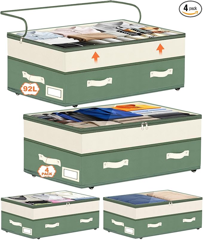 Dolicer 4 Pack Under Bed Storage with Wheels, 6in-10in Height Adjustable Underbed Storage Containers, 92L XXXL Under Bed Drawers Rolling Bin with Clear Lids for Dorm Shoes Clothes Organizers(Green)