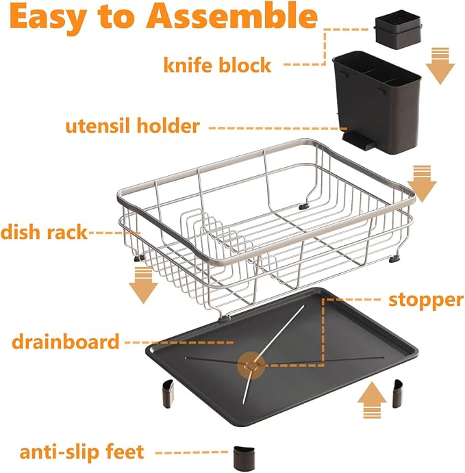 AIDERLY Stainless Steel Dish Drying Rack Dish Drainer, Black | Extendable Drain Spout, Utensil Holder, Knife Slots, Compact for Kitchen Counter