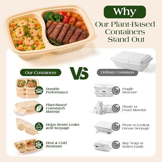 100 Piece (50 Pack) Meal Prep Containers Reusable - 2 Compartment 32 oz Cornstarch Snack Containers with Lids - Plastic Food Storage Salad Containers - To Go Lunch Box - Microwave & Freezer Safe