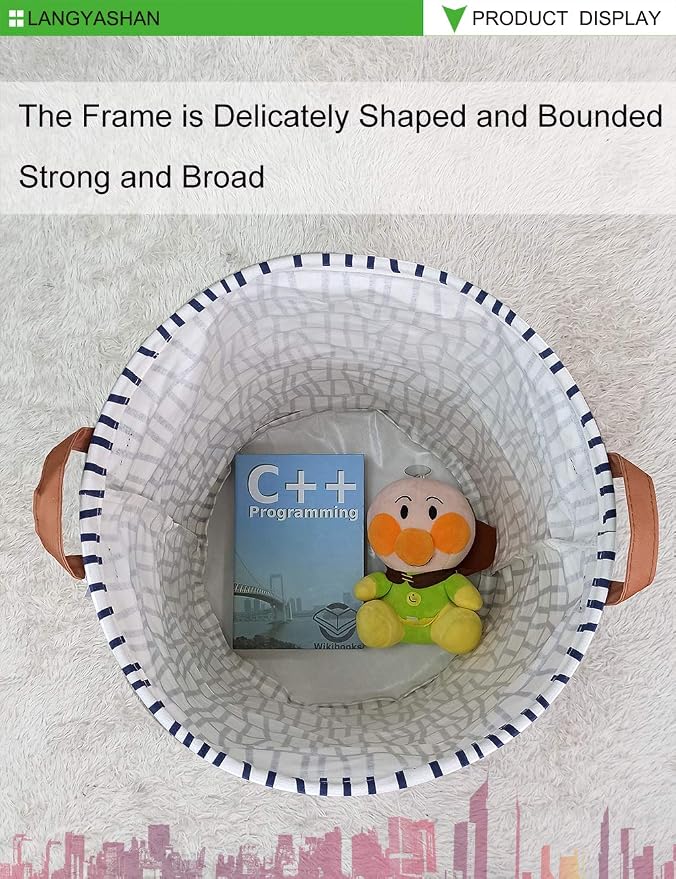 Round Laundry Basket Collapsible Storage Hamper Organizer Blue Stripes | Waterproof Canvas Foldable Baskets with sturdy Handles Multi-scene Organizer for Home Play Bedroom Gift Bin