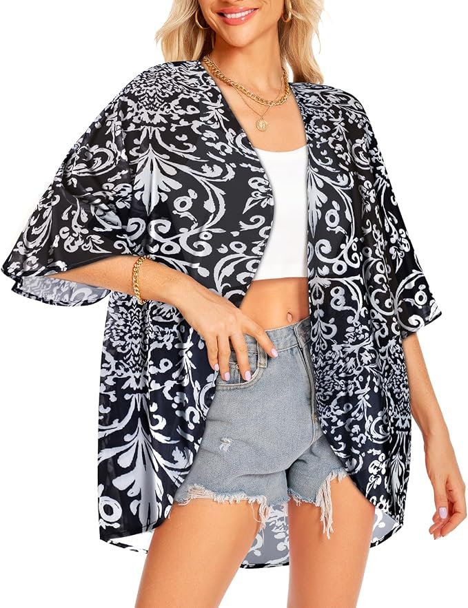 Women Kimono Cardigans Summer Cover Up Hawaiian Shirts Floral Print Tops | ROSEMIA chiffon kimono open front cardigans, beach cover ups, daily casual tops, cruise outfits, summer resort wear
