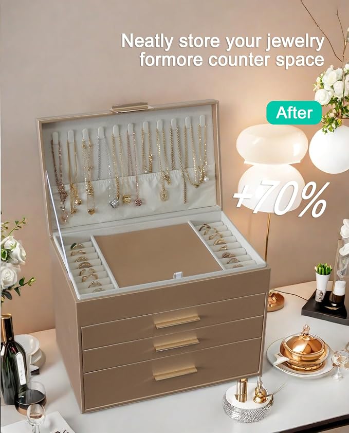 BOOVO Jewelry Boxes for Women, White and Black 6 Layer Large Jewelry Box for Necklace, Bracelet, Earrings, Rings Storage, Jewelry holder Organizer for Girls Gift (Champagne, 5 Layer)