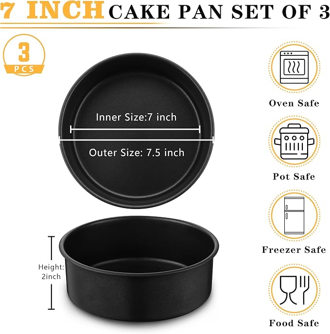 E-far 7 Inch Round Cake Pan Set of 3, Nonstick Stainless Steel Baking Pans Tin, Bakeware for Layer Cakes, Stainless Steel Core & Non-toxic Coating, Straight Side & 2 Inch Deep