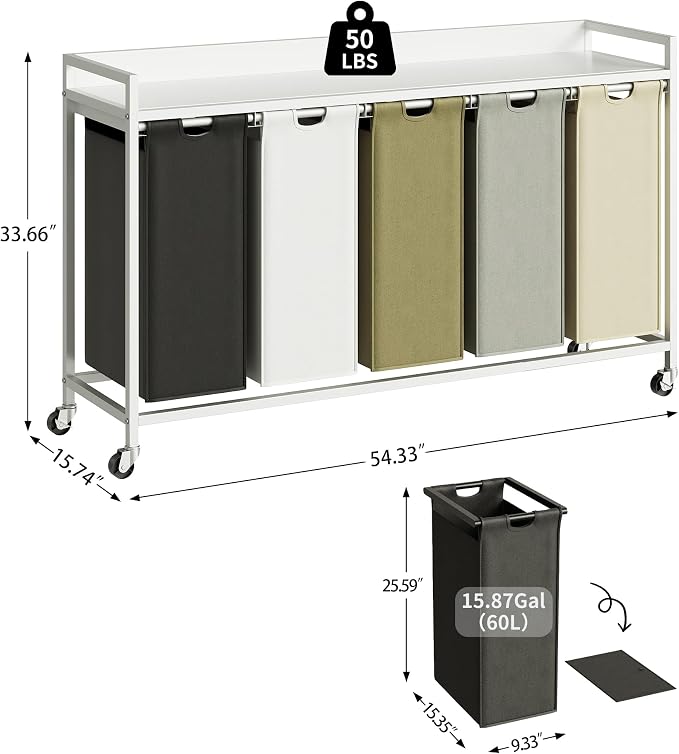 Herture Laundry Hamper with Shelf, Laundry Basket 5 Section, Laundry Sorter with Pull-Out Removable Large 5 Color Bags and Movable Wheels, Metal Frame, 5 x 15.87 Gallons (60L), White PF08XLE