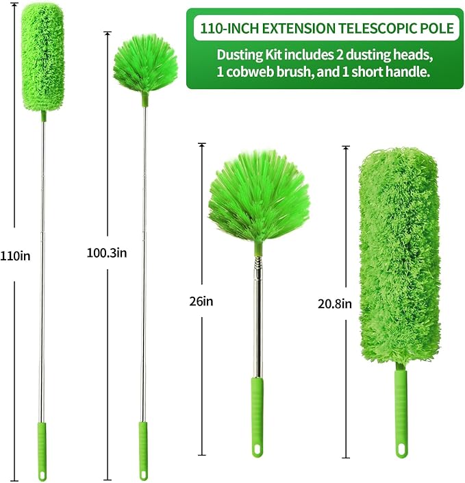 Cobweb Duster with Extension Pole, Washable Cleaning Duster Kit with 3 Duster Heads, Cobweb Duster, Corner Brush, Aluminum Telescoping Pole for high Ceiling Fan，Spider Web Brush with Extension Pole