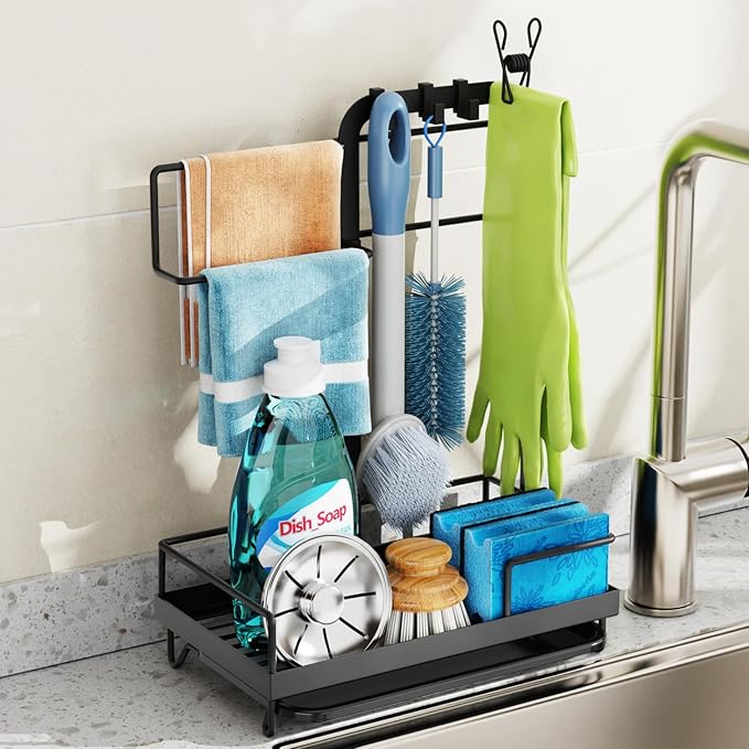 GSlife Sink Caddy Kitchen Sink Organizer - Large Sponge Holder for Brush | Drip Tray Design, Towel Bar and Glove Clip for Sponge Storage, Sink Counters, Cleaning Tools and Kitchen Daily Use
